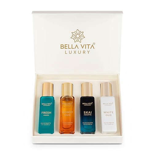 Bella Vita Luxury Unisex Eau De Parfum Gift Set x 20ml for Men Women with SKAI, FRESH, WHITEOUD, HONEY OUD Perfume|Long Lasting EDP Fragrance