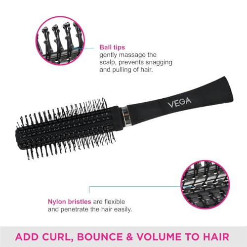 Vega Round Hair Brush (India's No.1* Hair Brush Brand) For Adding Curls, Volume & Waves In Hairs| Men and Women| All Hair Types (E5-RB N) from VEGA