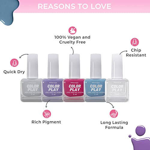 PRAUSH (Formerly Plume) ColorPlay 5-in-1 Nail Paint Combo Kit (25 ml),The Poppin Gang | Quick Drying | Long Lasting | Chemical Free | from PRAUSH BEAUTY