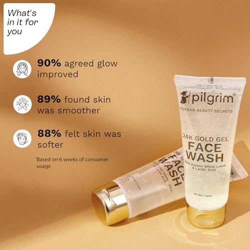 Pilgrim 24k Gold Gel Facewash with Korean White Lotus & Lactic Acid 80ml | Face wash for glowing skin | Reduce dark spot and improves skin texture | Removes dullness | For All Skin Types face Wash from Pilgrim