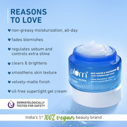 Plum 2% Niacinamide & Rice Water Oil-Free Gel Cream Moisturizer | All-Day Non-sticky Hydration | Brightens, Fades Blemishes & Dark Spots | Light | Dermatologically Tested | All Skin Types | Women & Men | 100% Vegan | 50 g from Plum