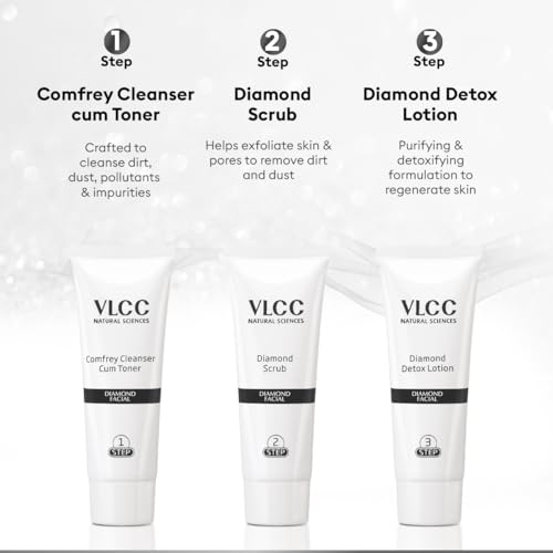 VLCC Diamond Facial Kit - 60g | Skin purifying with Parlour Glow | Improves Skin Elasticity, Brightens and Lightens Patchy Damaged Skin | With Colloidal Diamond, Jojoba Oil, Olive Oil & Aloe Vera. from VLCC