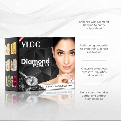 VLCC Diamond Facial Kit - 60g | Skin purifying with Parlour Glow | Improves Skin Elasticity, Brightens and Lightens Patchy Damaged Skin | With Colloidal Diamond, Jojoba Oil, Olive Oil & Aloe Vera. from VLCC