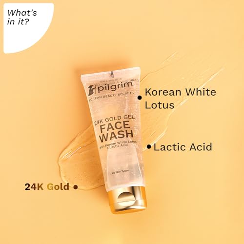 Pilgrim 24k Gold Gel Facewash with Korean White Lotus & Lactic Acid 80ml | Face wash for glowing skin | Reduce dark spot and improves skin texture | Removes dullness | For All Skin Types face Wash from Pilgrim