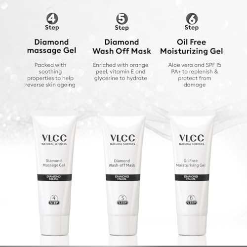 VLCC Diamond Facial Kit - 60g | Skin purifying with Parlour Glow | Improves Skin Elasticity, Brightens and Lightens Patchy Damaged Skin | With Colloidal Diamond, Jojoba Oil, Olive Oil & Aloe Vera. from VLCC