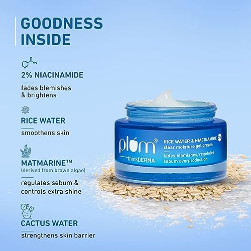 Plum 2% Niacinamide & Rice Water Oil-Free Gel Cream Moisturizer | All-Day Non-sticky Hydration | Brightens, Fades Blemishes & Dark Spots | Light | Dermatologically Tested | All Skin Types | Women & Men | 100% Vegan | 50 g from Plum