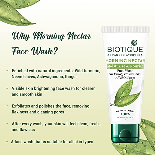 Biotique Morning Nectar Moisturize & Nourish Face Wash | Contains Wild Turmeric, Neem Leaves, & Morning Nectar | Visibly Flawless Skin | Suitable for All Skin Types | 150 ml face Wash from Biotique