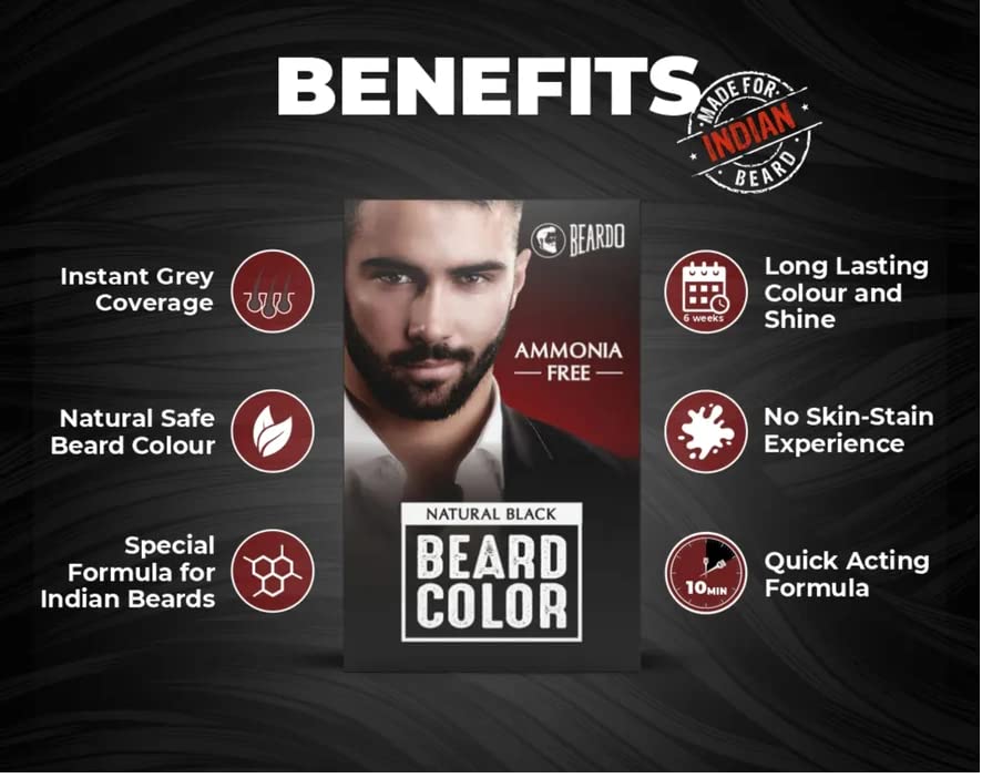 Beardo Beard Color For Men - Natural Black, 60ml | Long Lasting | No Ammonia | Easy to apply, No Stain Beard Hair Colour for men | Skin Friendly Hair dye | Full Grey Hair Coverage Beard Color color from BEARDO