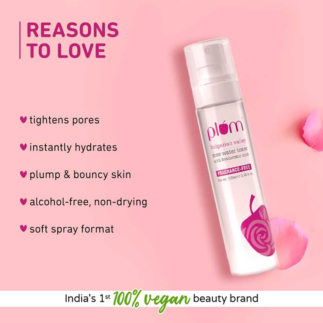 Plum Bulgarian Valley Rose water Toner For Face | With Hyaluronic Acid & Bulgarian Rose Extracts | Tightens Pores | Instantly Hydrates | Balances pH Levels | Alcohol-Free | Non-Drying | Soft Spray Format | All Skin types | 100 ml from Plum