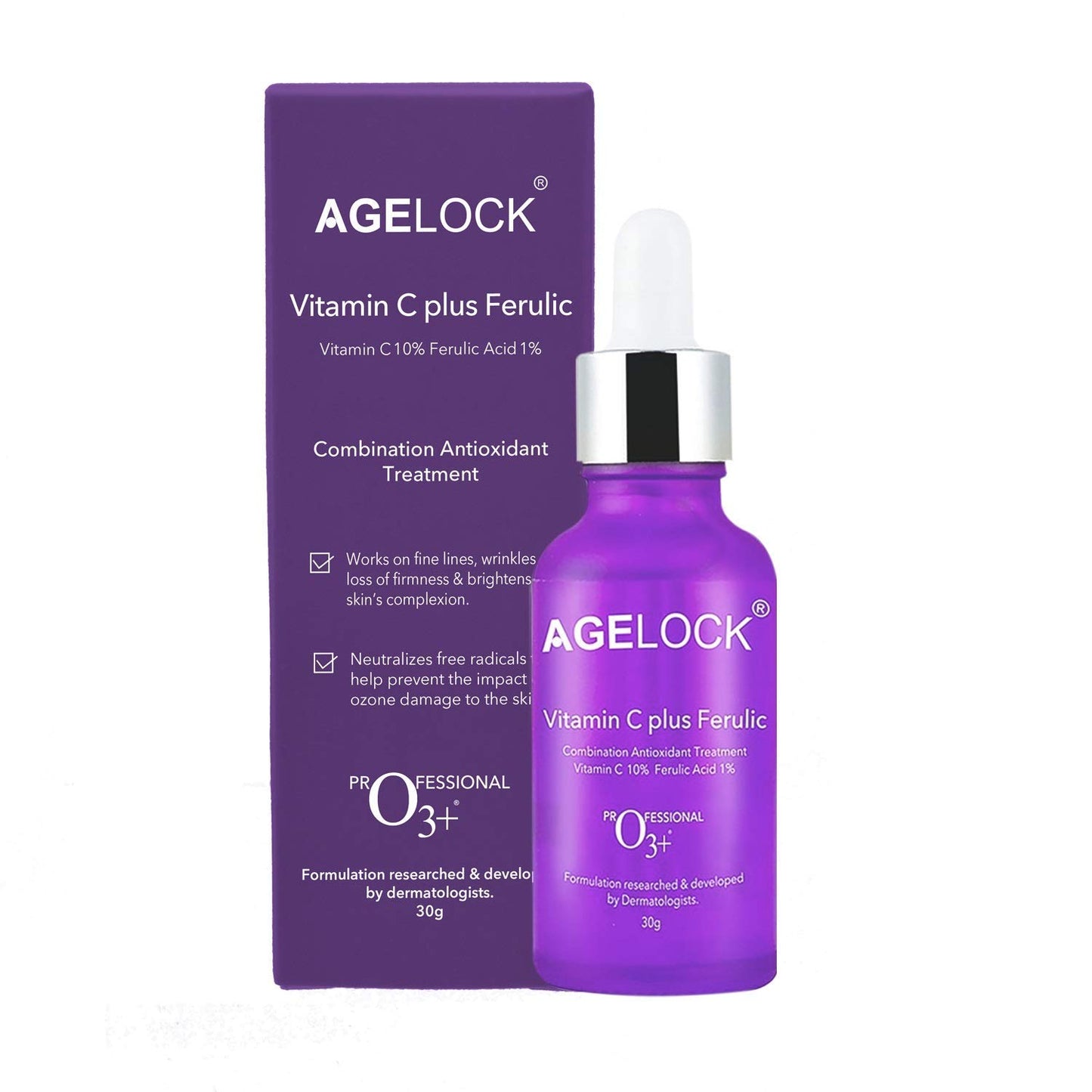 O3+ Agelock Vitamin C Ferulic Acid Serum Antioxidant Face Toner for Detanning, Fine Lines, Wrinkle Removal & Bright Skin, 30g from O3+