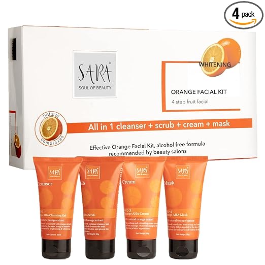 Sara 4-Step Fruit Orange Facial Kit Perfect Glow Booster & Prevent Acne | All In 1- Cleanser, Scrub, Cream And Mask | All Skin Types | Perfect For Men & Women cleanser from SARA BEAUTY