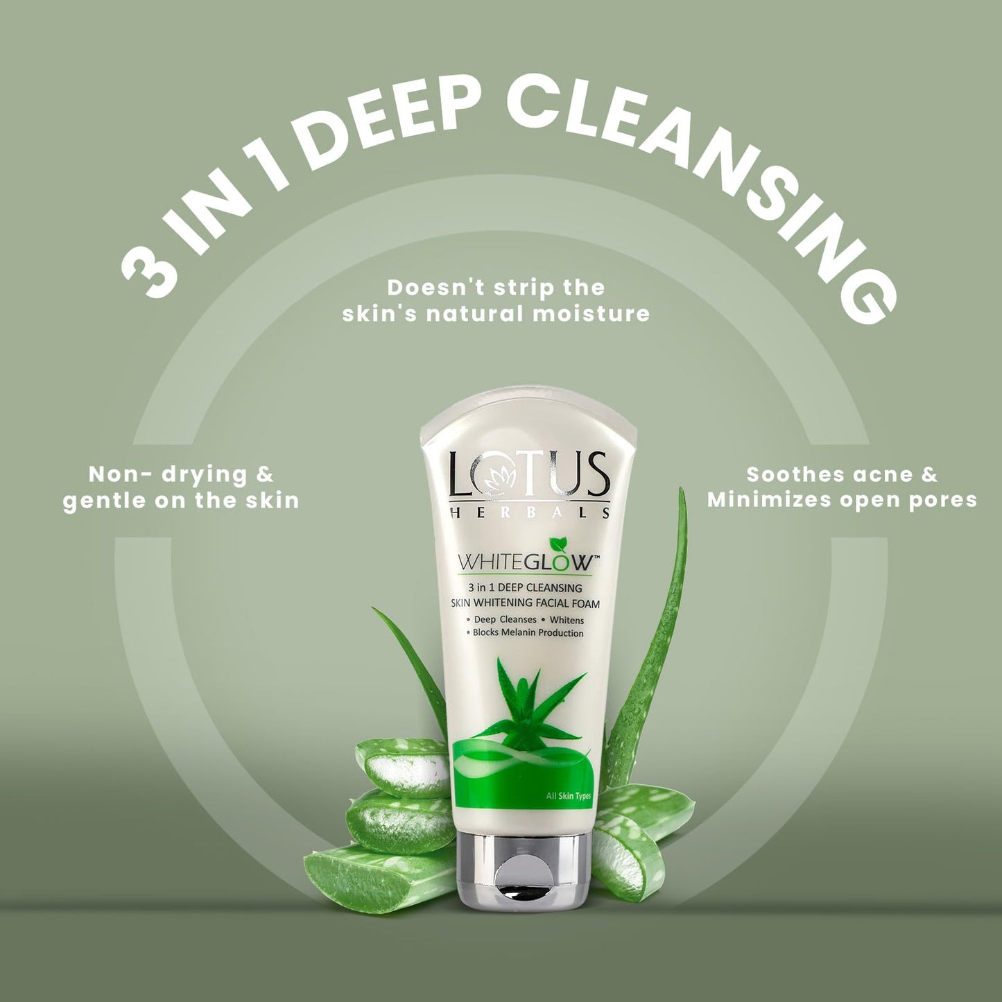 Lotus Herbals WhiteGlow 3 in 1 Deep Cleansing Facial Foam I Deep Cleansing formula I Acne-control I Non-drying I Fades dark spots I with Alpha Arbutin & Saxifraga extracts I Suits all skin types I Women & Men I 100ml from Lotus
