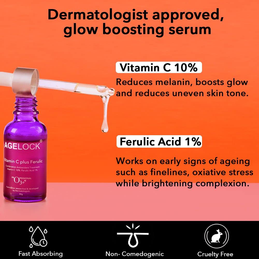O3+ Agelock Vitamin C Ferulic Acid Serum Antioxidant Face Toner for Detanning, Fine Lines, Wrinkle Removal & Bright Skin, 30g from O3+