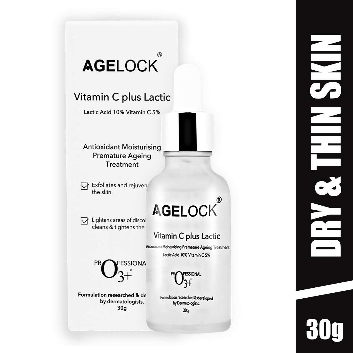 O3+ Agelock Vitamin C Lactic Acid Serum for Face Exfoliation, Anti Ageing, Moisturising & Whitening All Skin Types, 30g from O3+