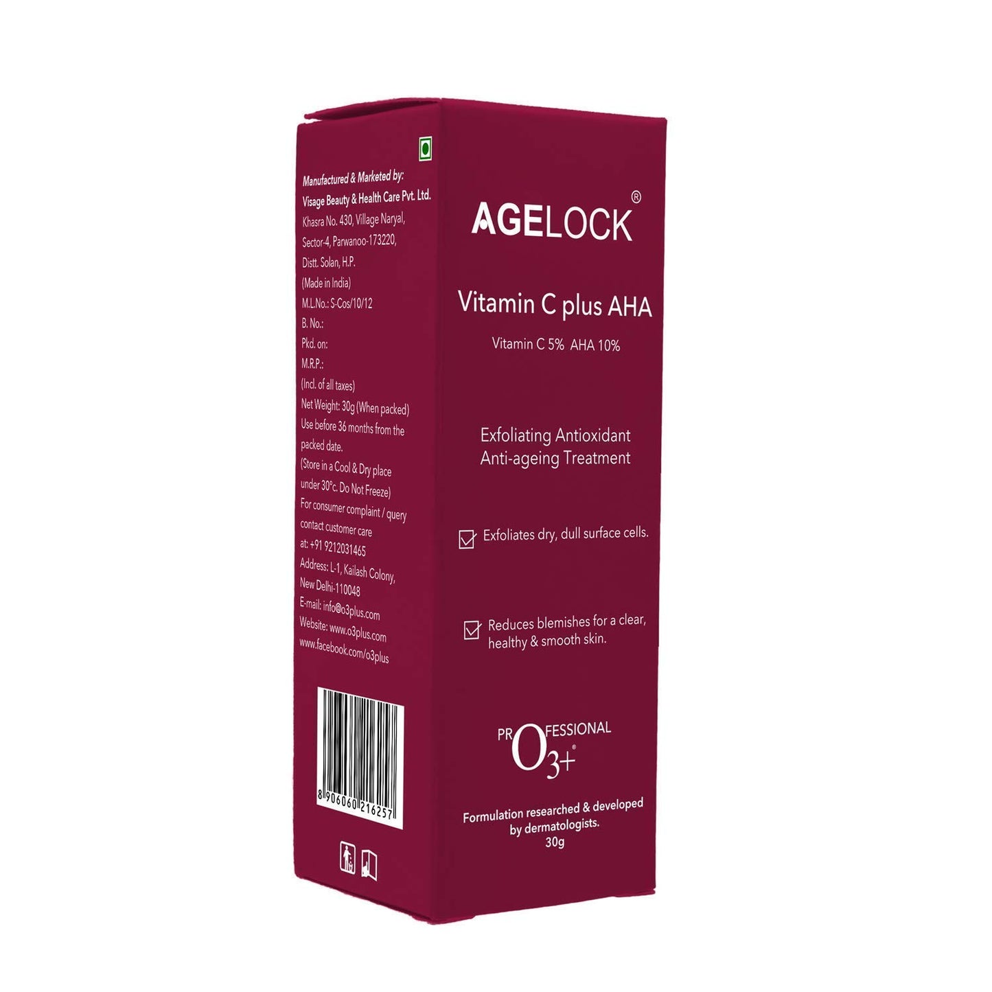 O3+ Agelock Vitamin C AHA Serum For Face Exfoliating, Antioxidant, Anti-Ageing, Blemish-Free & Youthful Skin, 30G from O3+