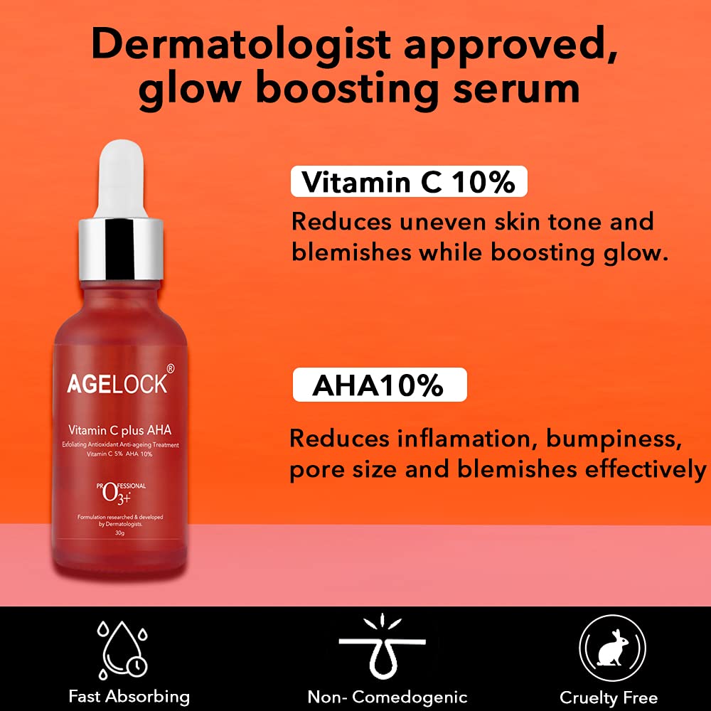 O3+ Agelock Vitamin C AHA Serum For Face Exfoliating, Antioxidant, Anti-Ageing, Blemish-Free & Youthful Skin, 30G from O3+
