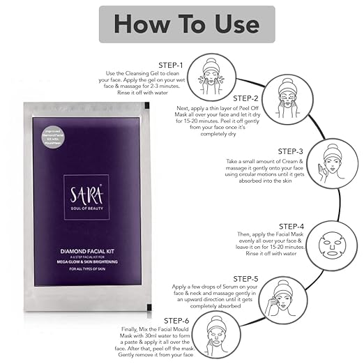 Sara 6 -Step Diamond Facial Kit Infused with Aloe Vera & Cucumbur Fruit Extract | Perfect For Tan Removal & Brightening Skin, 62 gm facial Kits from SARA BEAUTY