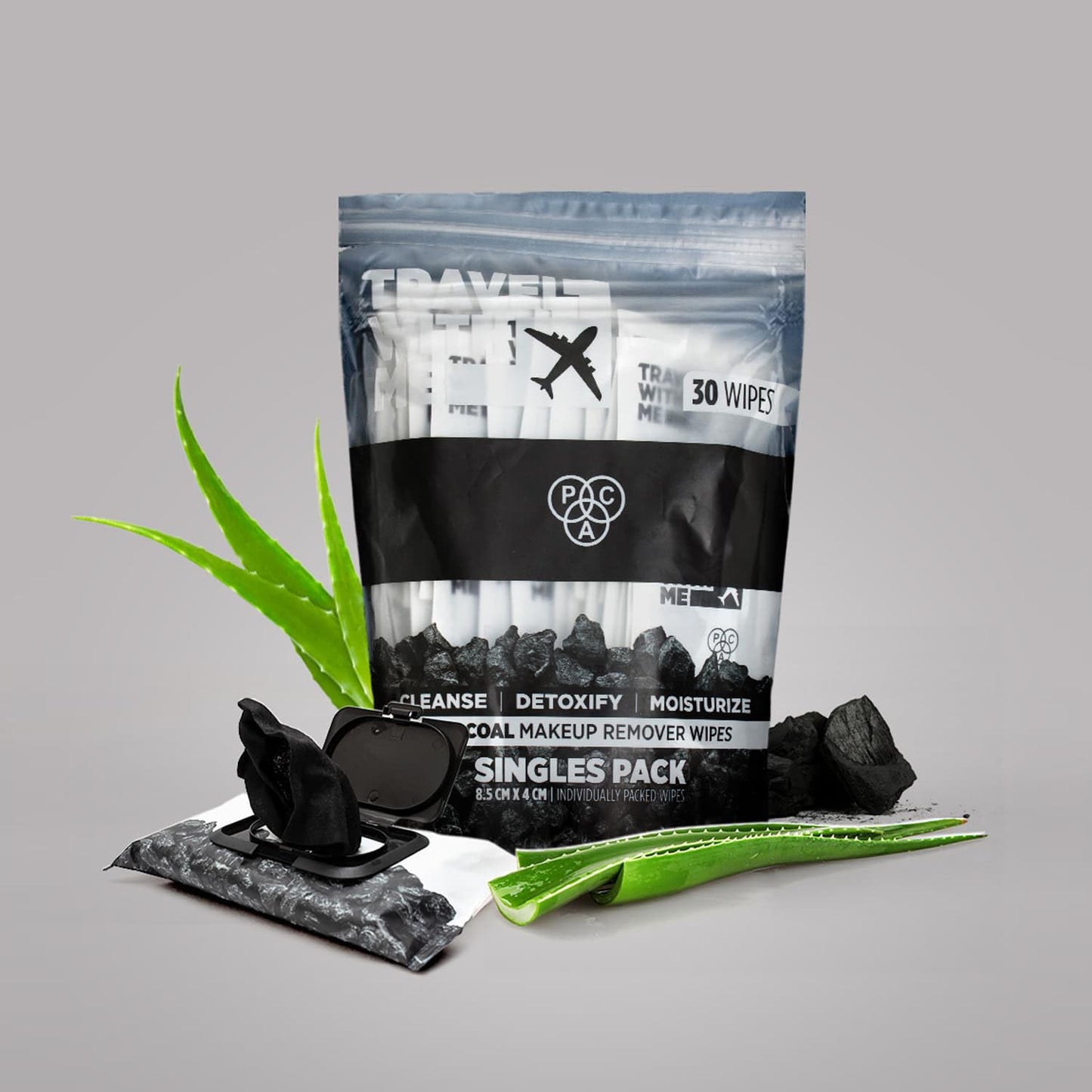 PAC Travel With Me Charcoal Wet Wipes for Face with Charcoal powder, Vitamin E & Glycerin | Cleansing and Hydrating Facial Wipes | Moisturizing Makeup Remover for Oily & Combination Skin | 30 Wipes from PAC