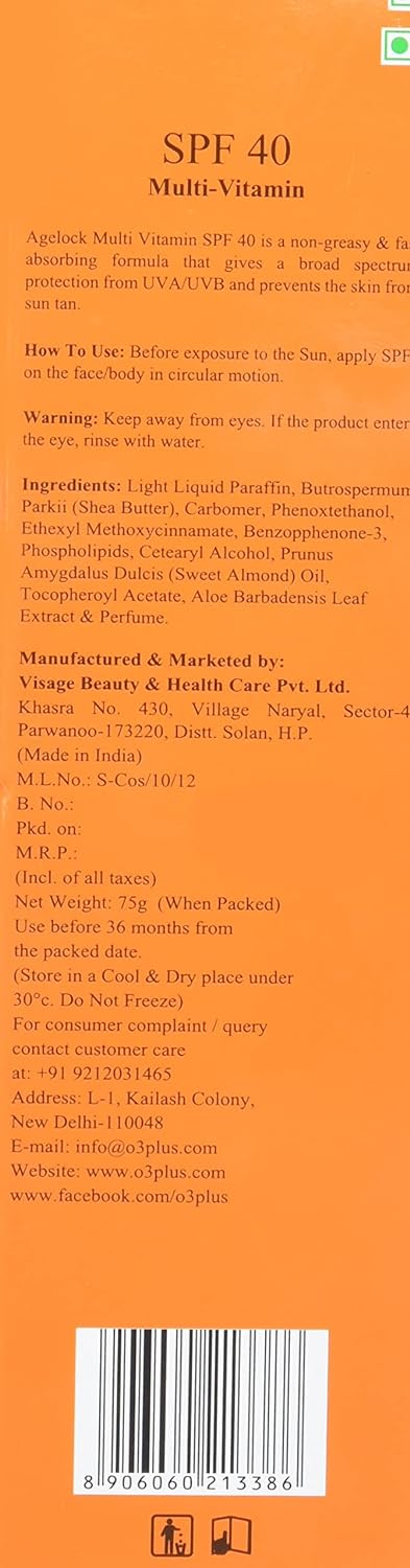 O3+ Agelock SPF 40 Multi-Vitamin UVA/UVB PA+++ with Flower and Herb Extracts (75gm) from O3+