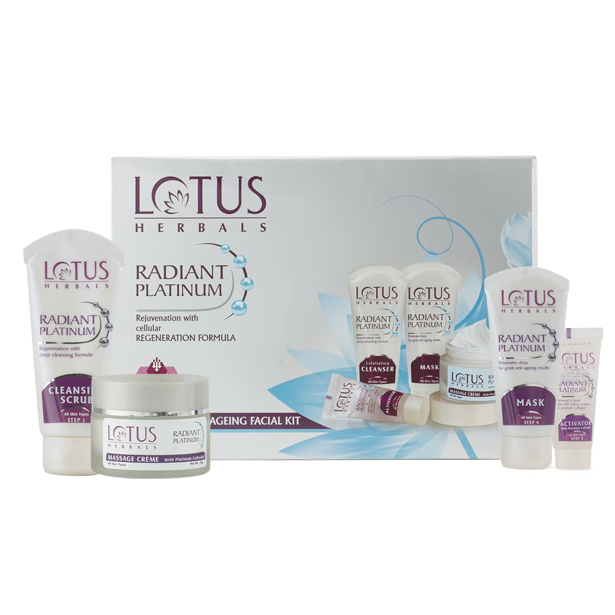 Lotus Herbals Radiant Platinum Anti-Ageing Facial Kit With 4 Easy Steps (Multiple Use)1 Count (Pack of 1) from Lotus