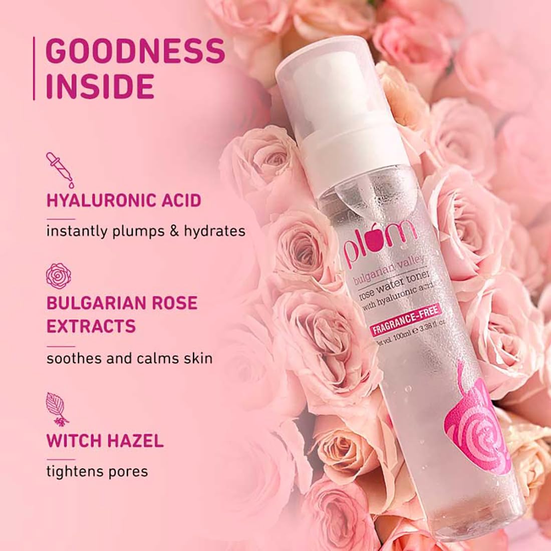 Plum Bulgarian Valley Rose water Toner For Face | With Hyaluronic Acid & Bulgarian Rose Extracts | Tightens Pores | Instantly Hydrates | Balances pH Levels | Alcohol-Free | Non-Drying | Soft Spray Format | All Skin types | 100 ml from Plum