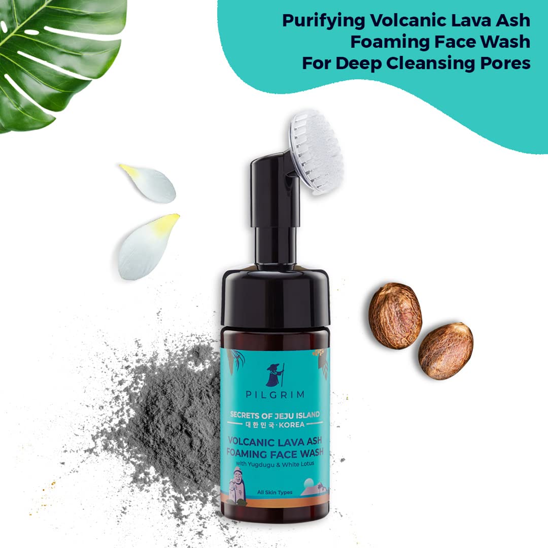 Pilgrim Korean Volcanic Lava Ash Foaming Face Wash with Built In Brush for Deep Cleansing | Korean Skin Care Products | 100% Safe on All Skin Types | For Men & Women | SLS & Paraben Free | 120 ml face Wash from Pilgrim
