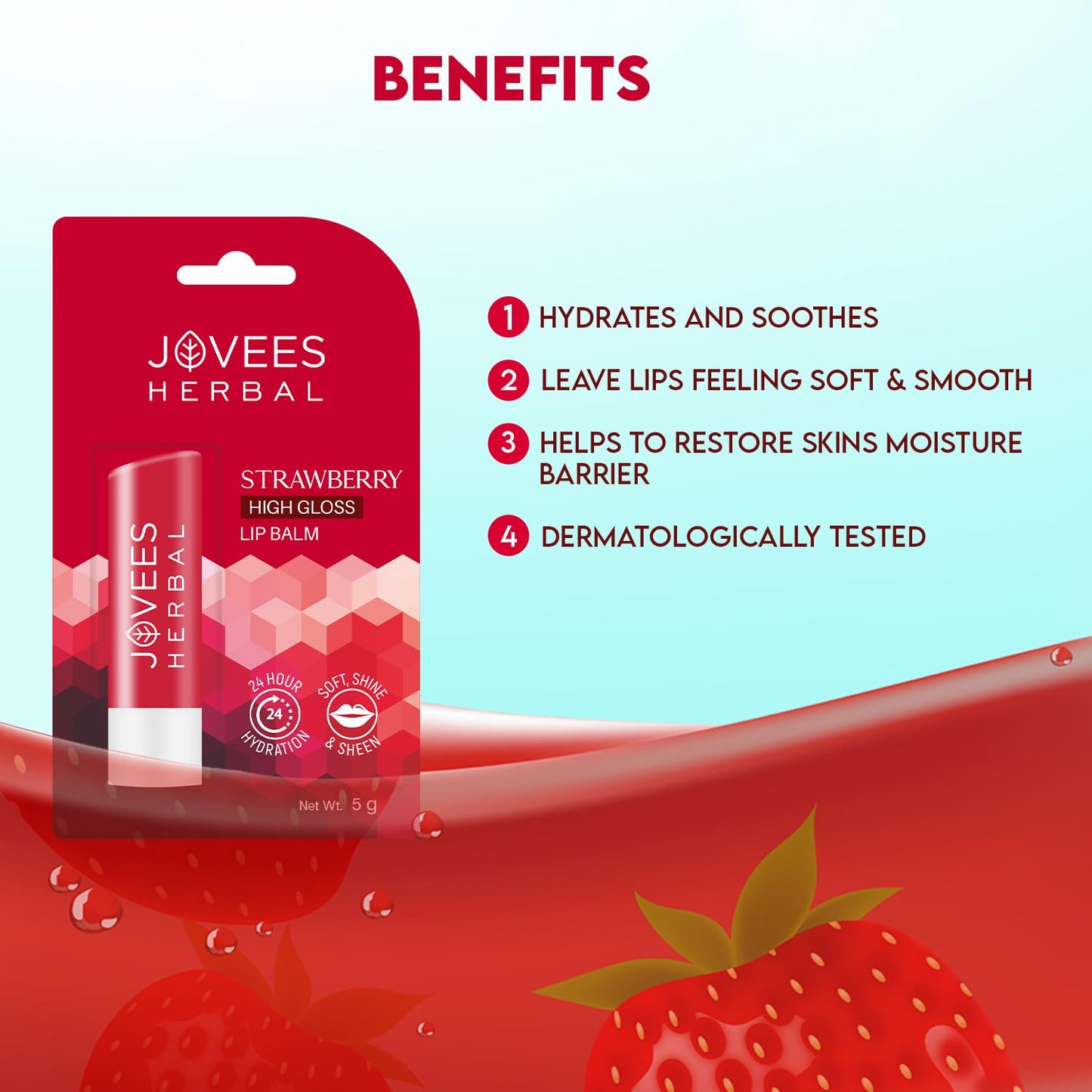 Jovees Herbal Strawberry High Gloss Lip Balm | With Vitamin E | 24 hour Moisture | Gives soft and smooth lips 5g from JOVEES