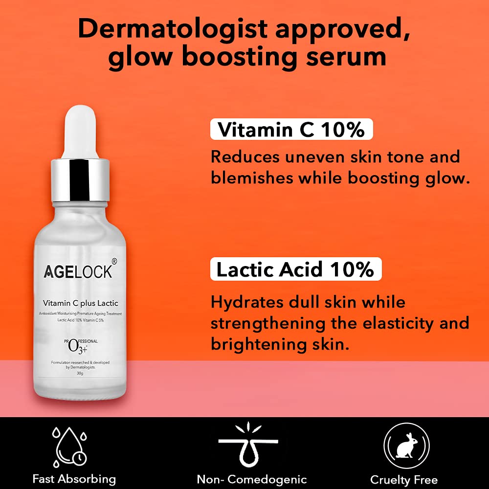 O3+ Agelock Vitamin C Lactic Acid Serum for Face Exfoliation, Anti Ageing, Moisturising & Whitening All Skin Types, 30g from O3+