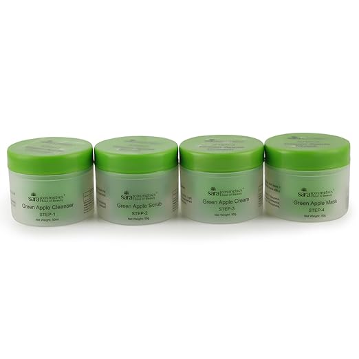 Sara Green Apple 4-Step Fruit Facial Kit For Brightening And Nourishing Skin | All in 1 ( Cleansing + Scrub + Cream + Mask ) | Suitable For All Skin Type ,(4 x 50 ) gm cleanser from SARA BEAUTY