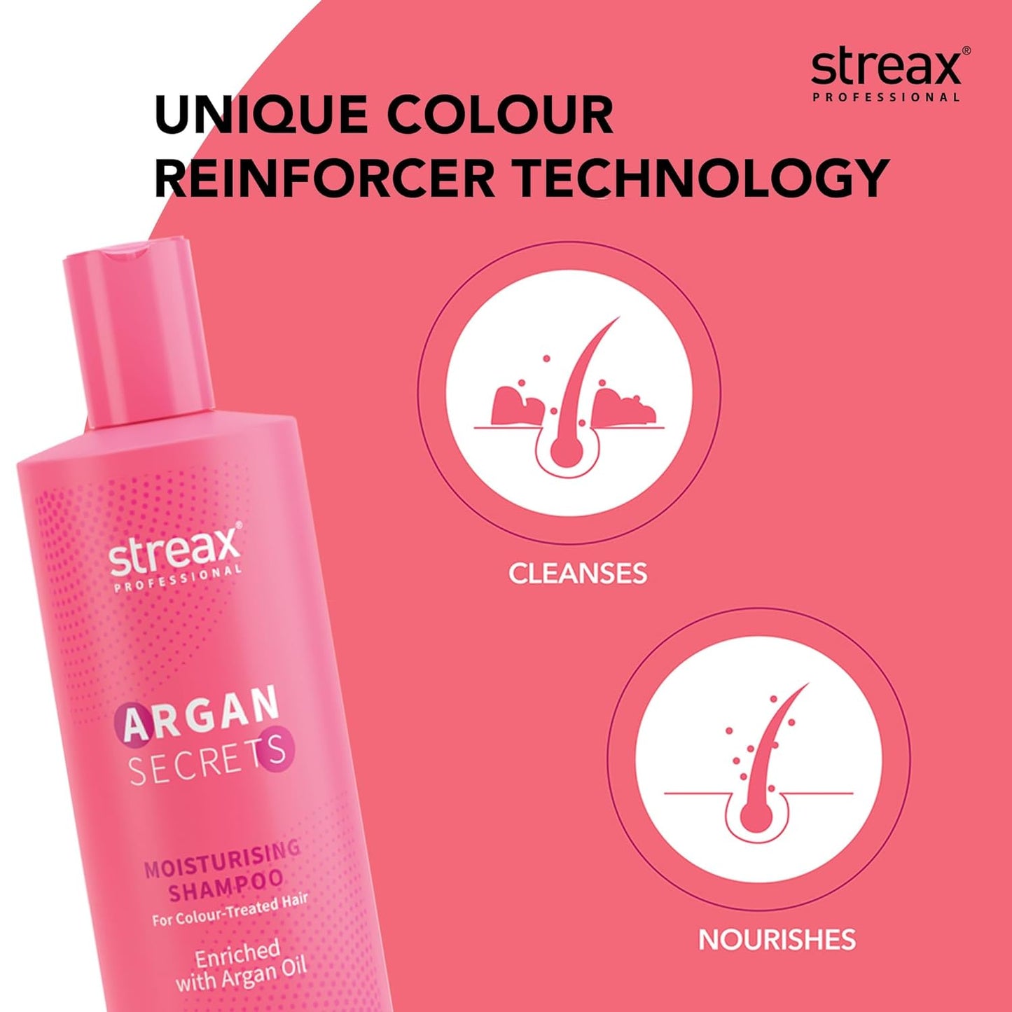 Streax Professional Argan Secrets MOISTURISING Shampoo for Women | Enriched with Argan Oil & UV Filter | Enhances Colour Retention | Cleanses & Nourishes Hair 300ml from Streax Professional