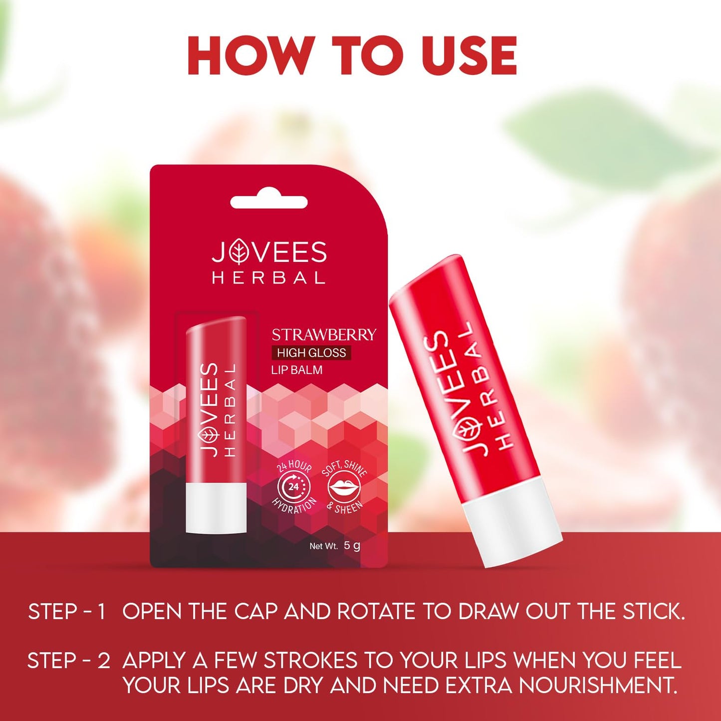 Jovees Herbal Strawberry High Gloss Lip Balm | With Vitamin E | 24 hour Moisture | Gives soft and smooth lips 5g from JOVEES