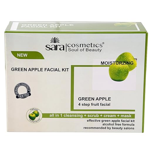 Sara Green Apple 4-Step Fruit Facial Kit For Brightening And Nourishing Skin | All in 1 ( Cleansing + Scrub + Cream + Mask ) | Suitable For All Skin Type ,(4 x 50 ) gm cleanser from SARA BEAUTY