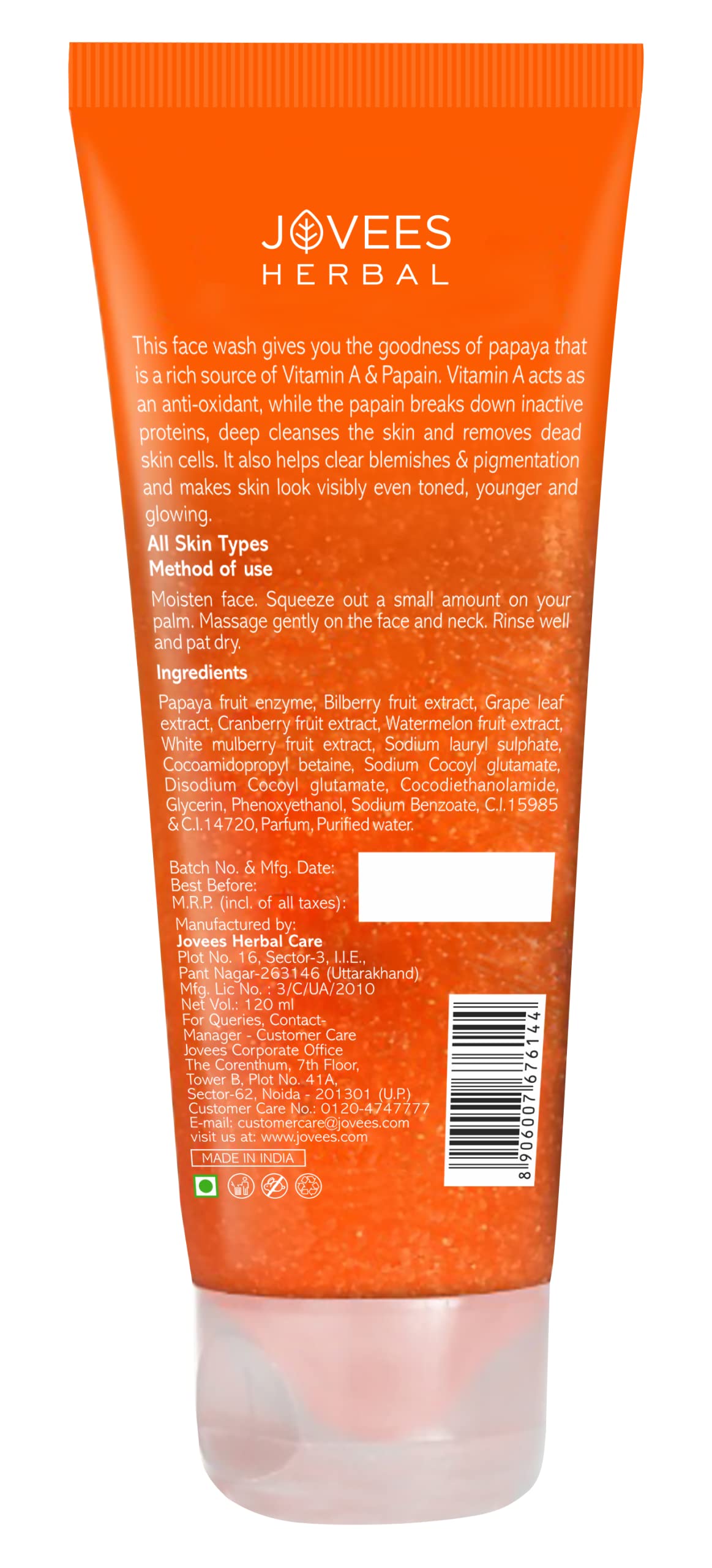 Jovees Herbal Papaya Face Wash For Women/Men | Brightening and Glowing Skin | Removes Pigmentation and Dark Spots | For All Skin Types 120ML from JOVEES