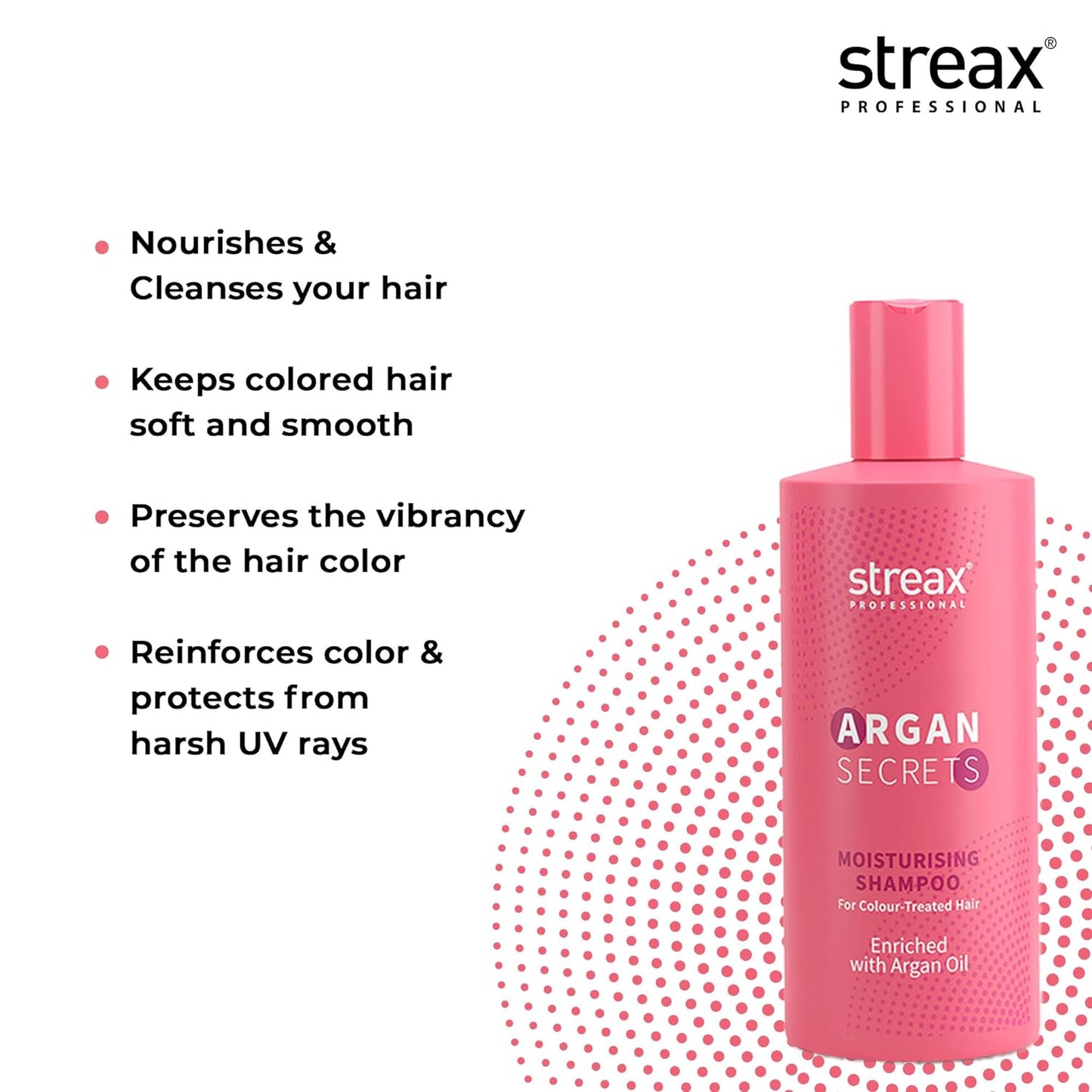 Streax Professional Argan Secrets MOISTURISING Shampoo for Women | Enriched with Argan Oil & UV Filter | Enhances Colour Retention | Cleanses & Nourishes Hair 300ml from Streax Professional