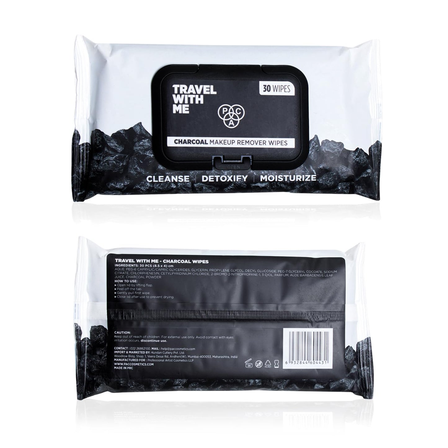 PAC Travel With Me Charcoal Wet Wipes for Face with Charcoal powder, Vitamin E & Glycerin | Cleansing and Hydrating Facial Wipes | Moisturizing Makeup Remover for Oily & Combination Skin | 30 Wipes from PAC