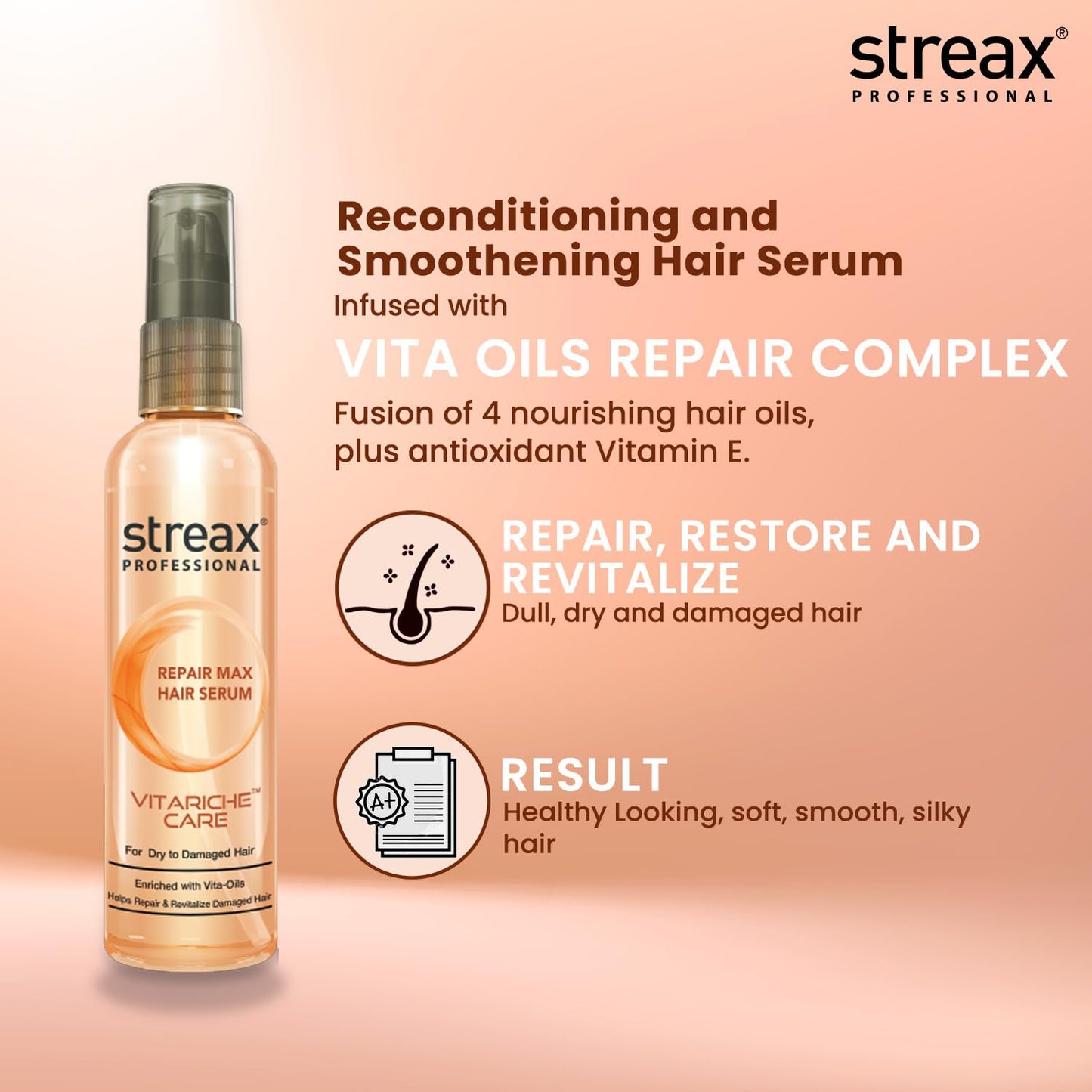 Streax Professional Vitariche Care Repair Max Hair Serum For Men & Women | Helps Repair & Rejuvenate Dry & Damaged Hair | Provides Softer, Nourished & Healthier Hair | For Dry To Damaged Hair, 100 ml from Streax Professional