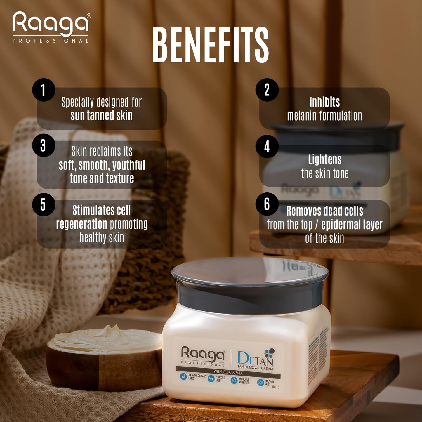 Raaga Professional De-Tan Pack | Tan Removal Cream with Kojic and Milk | Dermatologically Tested, Peroxide Free, Hydroquinone Free, Sulphate Free (500 gm) from Raaga Professional