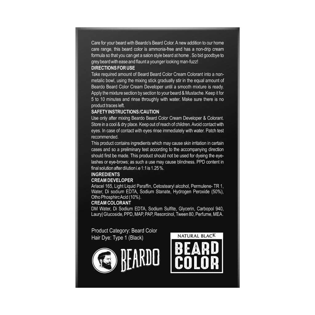 Beardo Beard Color For Men - Natural Black, 60ml | Long Lasting | No Ammonia | Easy to apply, No Stain Beard Hair Colour for men | Skin Friendly Hair dye | Full Grey Hair Coverage Beard Color color from BEARDO