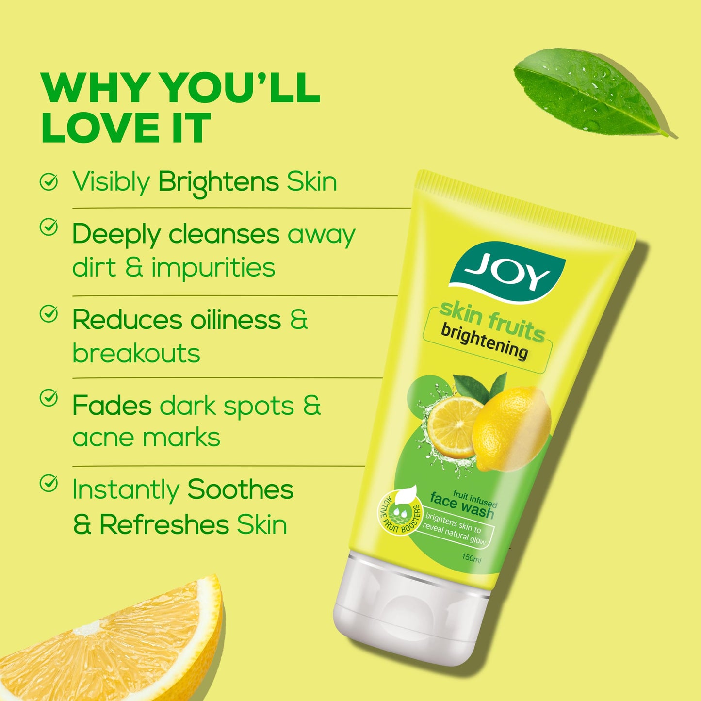 Joy Skin Brightening Lemon Face Wash (150ml) With Vitamin C For Naturally Glowing Skin | Removes Excess Oil & Dirt | Suitable For All Skin Types from JOY