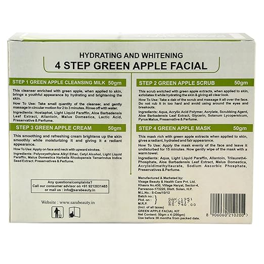 Sara Green Apple 4-Step Fruit Facial Kit For Brightening And Nourishing Skin | All in 1 ( Cleansing + Scrub + Cream + Mask ) | Suitable For All Skin Type ,(4 x 50 ) gm cleanser from SARA BEAUTY