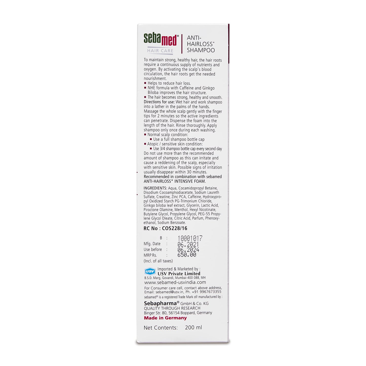 Sebamed Anti- Hairloss Shampoo 200Ml|Ph 5.5|Reduces Hairloss|Caffeine&Gingko Biloba|All Hair Types from SebaMed