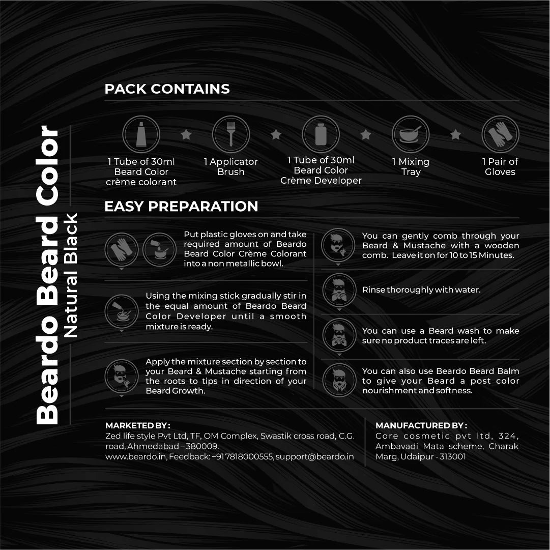 Beardo Beard Color For Men - Natural Black, 60ml | Long Lasting | No Ammonia | Easy to apply, No Stain Beard Hair Colour for men | Skin Friendly Hair dye | Full Grey Hair Coverage Beard Color color from BEARDO