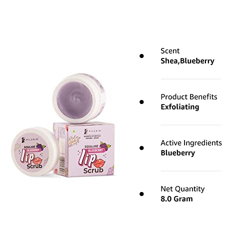 Pilgrim Spanish Squalane Lip Scrub (Blueberry) for Women & Men for Smooth Lips | Lip Scrub for Dark Lips | Lip Scrub with Sugar & Shea Butter for gentle exfoliation, hydrated, smooth & soft lips| 8 gm lip scrub from Pilgrim