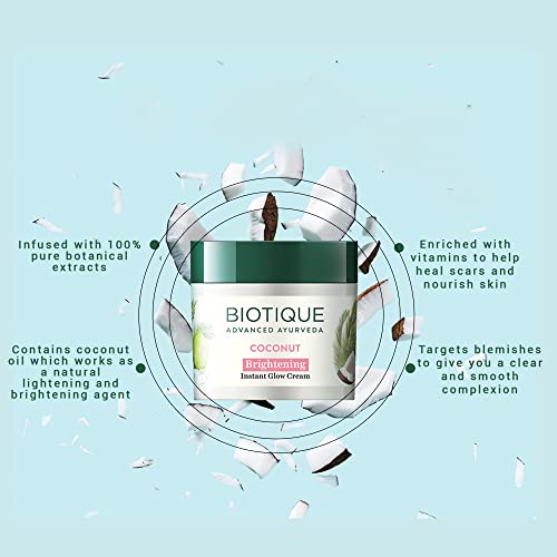 Biotique Coconut Brightening Instant Glow Cream| Lightweight and Non-Greasy | Reduces Dark Spots and Protects Ageing | Nourished and Moisturized Skin |100% Botanical Extracts| All Skin Types | 50gm Face Cream from Biotique