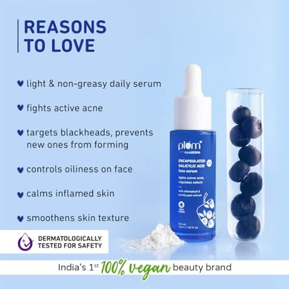 Plum 2% Encapsulated Salicylic Acid Face Serum | Fights Active Acne | Regulates Sebum | Controls Oil | Calms & Soothes Inflammation | Lightweight & Quick-absorbing | 100% Vegan | 30 ml  from Plum