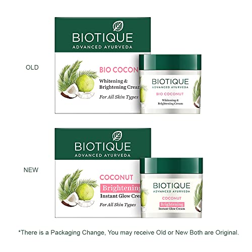 Biotique Coconut Brightening Instant Glow Cream| Lightweight and Non-Greasy | Reduces Dark Spots and Protects Ageing | Nourished and Moisturized Skin |100% Botanical Extracts| All Skin Types | 50gm Face Cream from Biotique