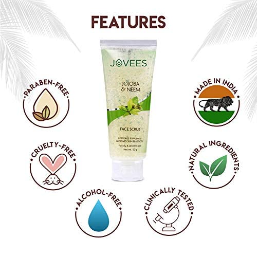Jovees Herbal Jojoba & Neem Face Scrub For Oily and Sensitive Skin, 100g |Improves Skin Elasticity and Restores Suppleness | Paraben & Alcohol Free |  from JOVEES