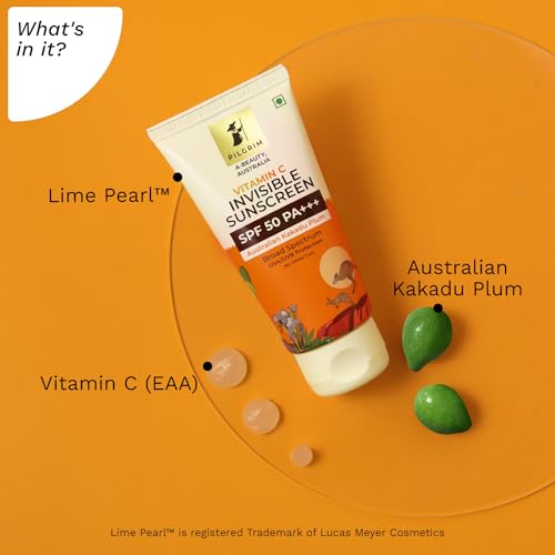 Pilgrim Vitamin C Invisible Sunscreen SPF 50 PA+++ for women & men with Australian Kakadu Plum | Broad spectrum, UVA/UVB Protection, Lightweight Gel | No White Cast | All Skin Types | 45ml sunscreen from Pilgrim