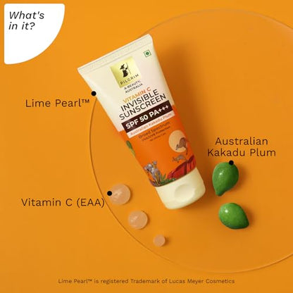 Pilgrim Vitamin C Invisible Sunscreen SPF 50 PA+++ for women & men with Australian Kakadu Plum | Broad spectrum, UVA/UVB Protection, Lightweight Gel | No White Cast | All Skin Types | 45ml sunscreen from Pilgrim