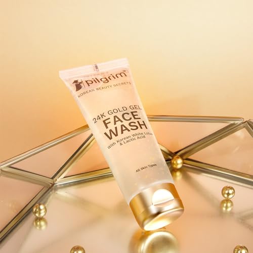 Pilgrim 24k Gold Gel Facewash with Korean White Lotus & Lactic Acid 80ml | Face wash for glowing skin | Reduce dark spot and improves skin texture | Removes dullness | For All Skin Types face Wash from Pilgrim